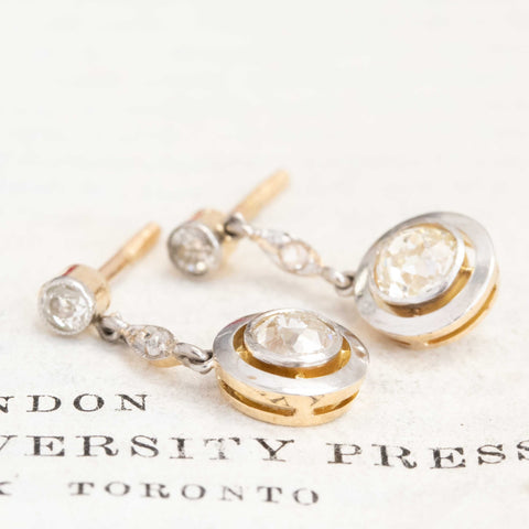 1.25ctw antique old European cut diamond bezel drop earrings in platinum on 18kt yellow gold – alternate view 3