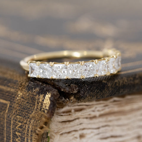 Elegant 1.25ctw Radiant Cut Diamond Half-Hoop Band, romantic design with Antique Diamonds, Earth-mined diamonds in yellow gold