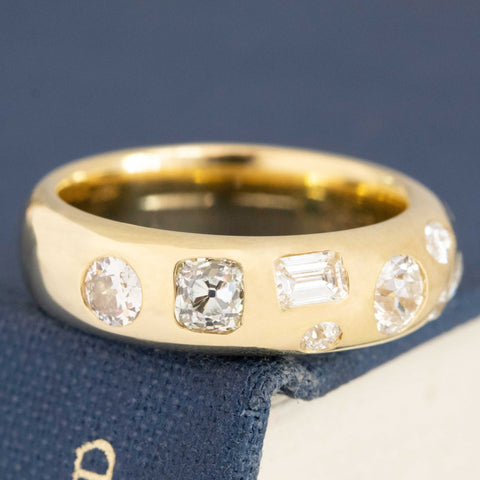 Historic style 1.26ctw Mixed Cut Diamond Scatter Band wedding band with Old Mine Cut Diamonds, unique heirloom in yellow gold