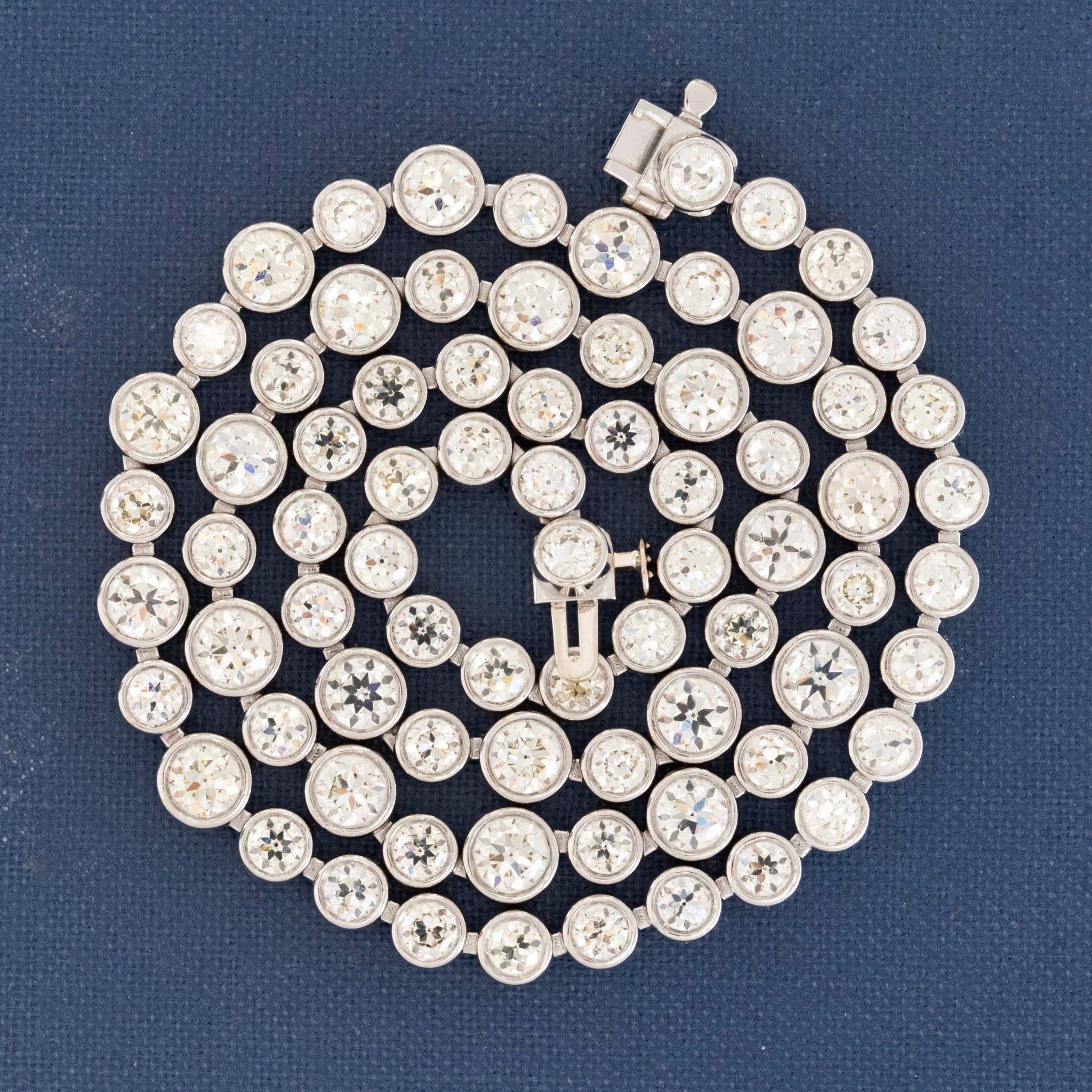 Bezel set diamond tennis necklace, large Old European cut stones