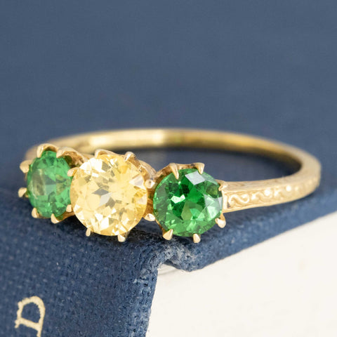 1.35ctw Vintage Sapphire & Tsavorite Trilogy Ring