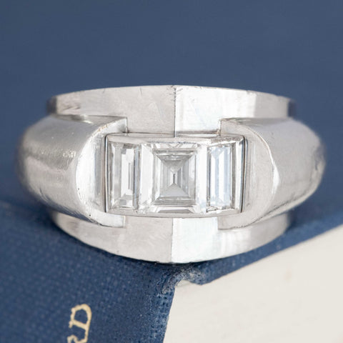 French vintage platinum tank ring with 1940s-inspired step cut diamonds