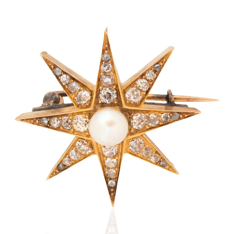 1.37ctw Antique Diamond & Pearl Starburst Brooch