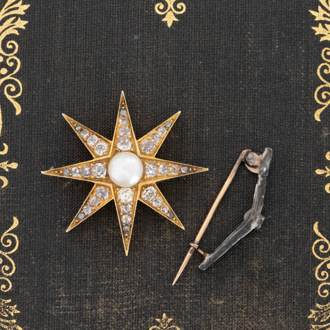 1.37ctw Antique Diamond & Pearl Starburst Brooch