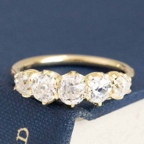 1.38ctw graduated upcycled old mine cut diamond five-stone half hoop band in 18kt yellow gold