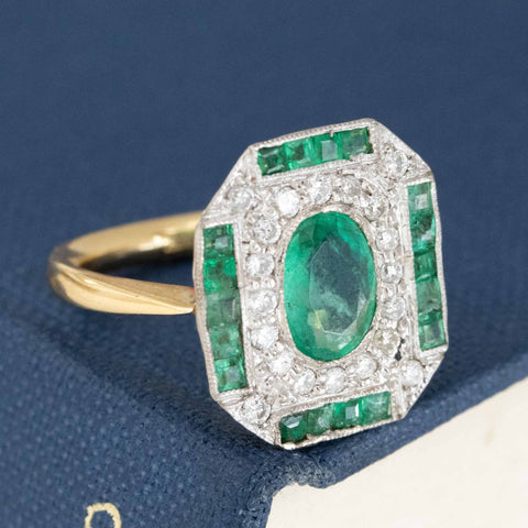 1.40ctw Art Deco diamond and emerald cluster frame dinner ring, 18K two-tone gold – alternate view 3