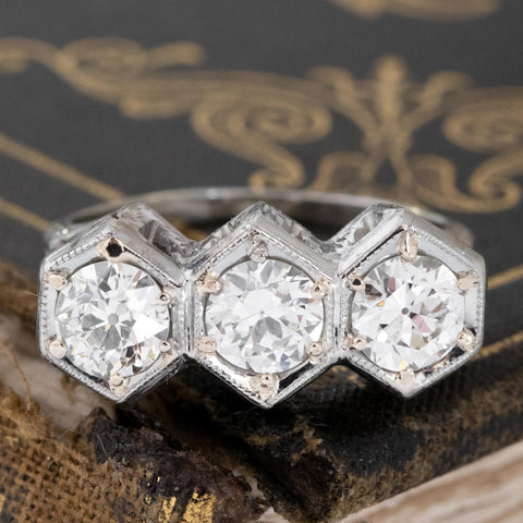1.42ctw Art Deco Old European Cut Diamond Trilogy Ring