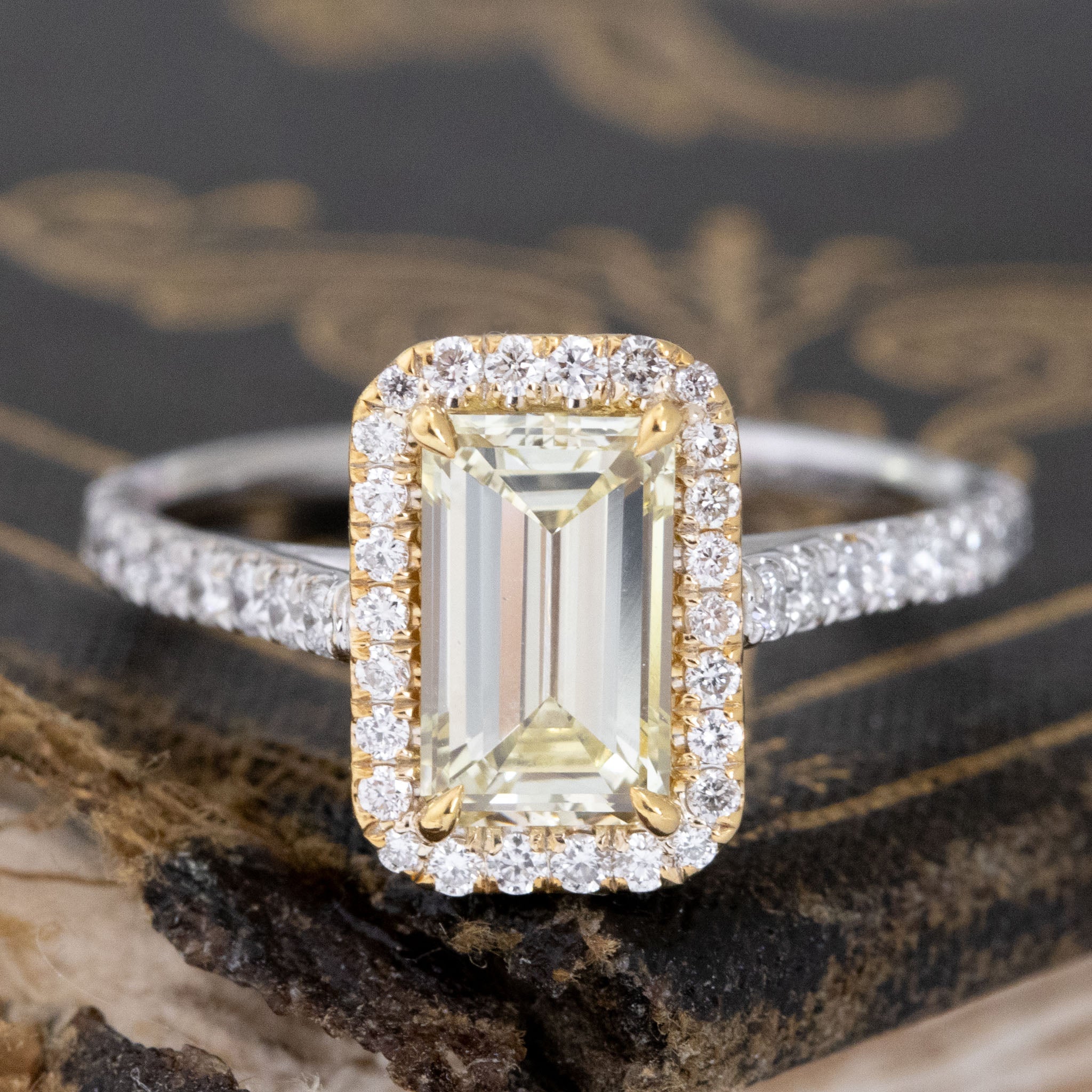 Fancy Yellow Emerald Cut Diamond Halo Ring, GIA