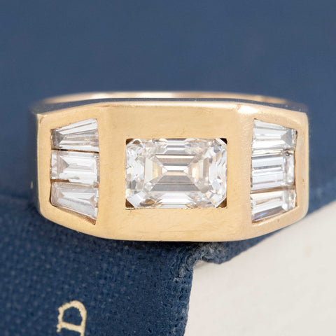 1.70ctw Vintage Emerald & Baguette Cut Diamond Flush Set Ring