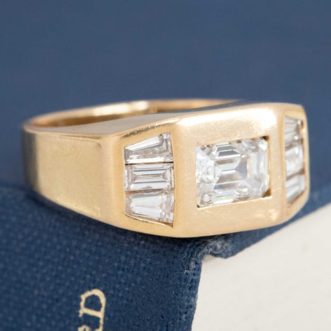 1.70ctw Vintage Emerald & Baguette Cut Diamond Flush Set Ring