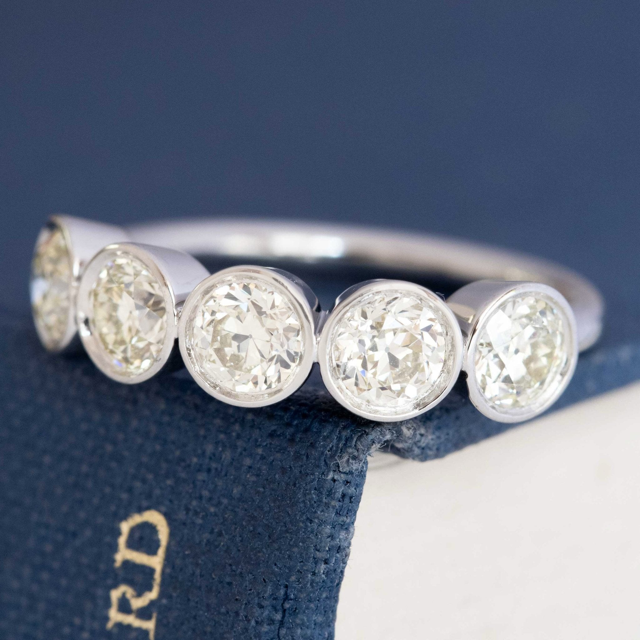 Close-up of antique diamonds bezel set, five stones band
