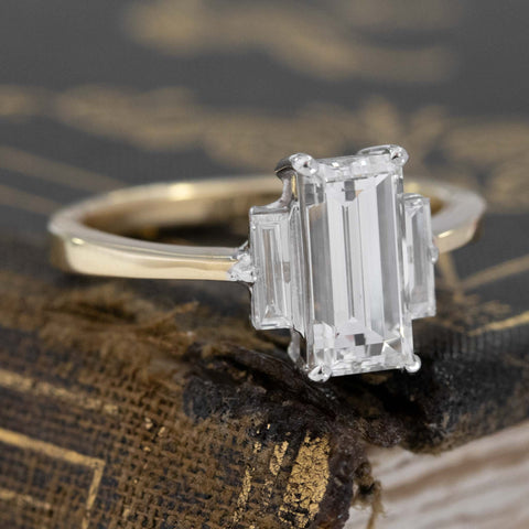 1.65ctw elongated step cut diamond trilogy ring, 1.54ct GIA center with baguette sides, white and yellow gold – alternate view 3