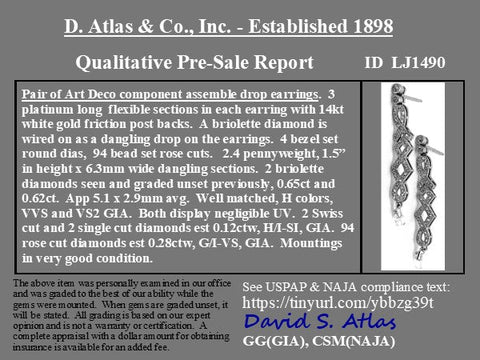 1.67ctw Art Deco briolette diamond long drop earrings in platinum – alternate view 3