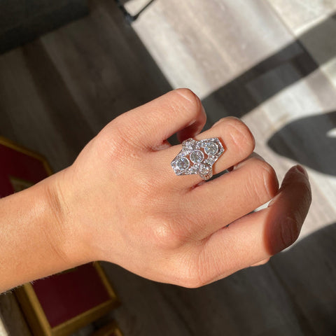 1.72ctw Old European Cut Diamond Trilogy Navette Ring