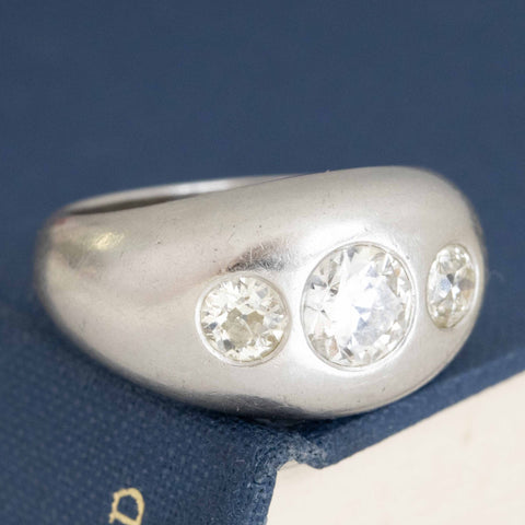 1.72ctw vintage old European cut diamond flush set trilogy ring, platinum – alternate view 3