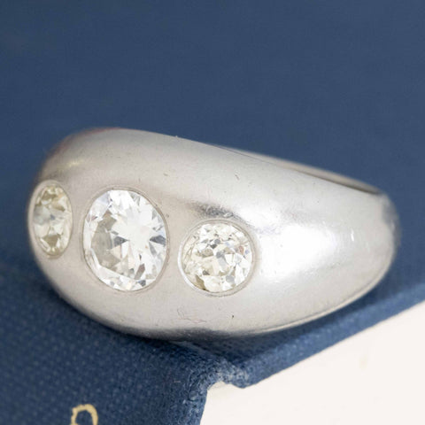1.72ctw vintage old European cut diamond flush set trilogy ring, platinum – alternate view 5