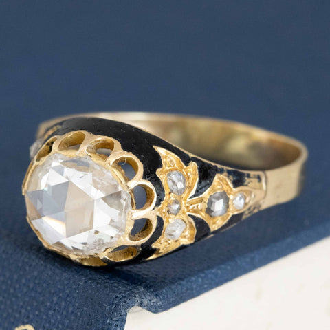 1.80ct antique rose cut diamond Victorian ring with black enamel and diamond accents, 18K yellow gold – alternate view 5