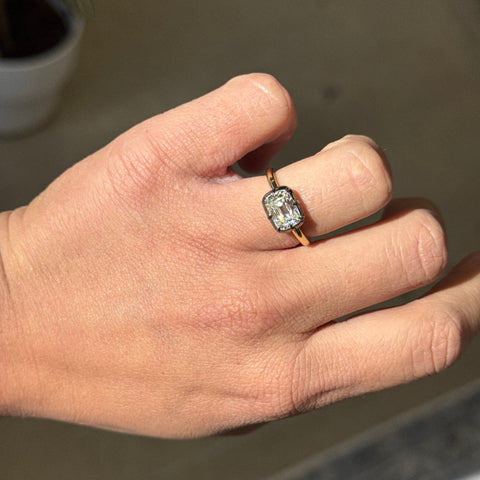 1.80ct GIA I SI1 elongated cushion cut diamond collet solitaire ring, 18K white and yellow gold, antique finish – alternate view 2