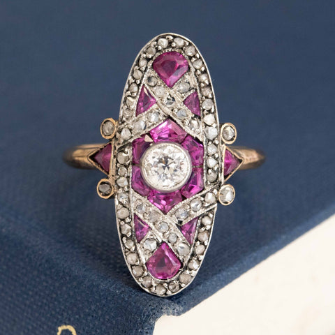1.80ctw Edwardian rose cut diamond and calibre cut ruby dinner ring in platinum and 18kt gold