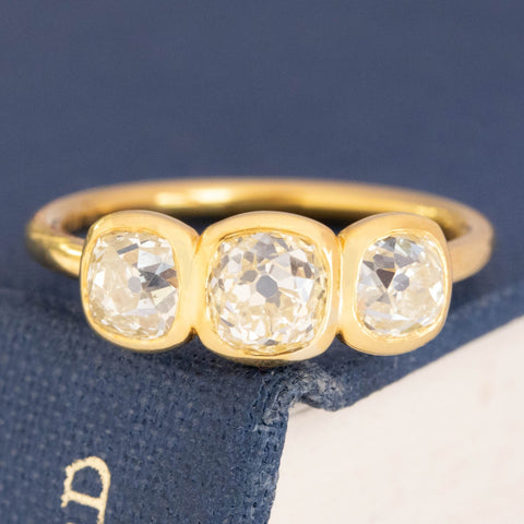 1.86ctw Fancy Light Yellow Old Mine Cut Diamond Bezel Trilogy Ring