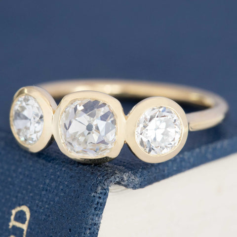 1.86ctw Old European & Old Mine Cut Diamond Bezel Trilogy Ring
