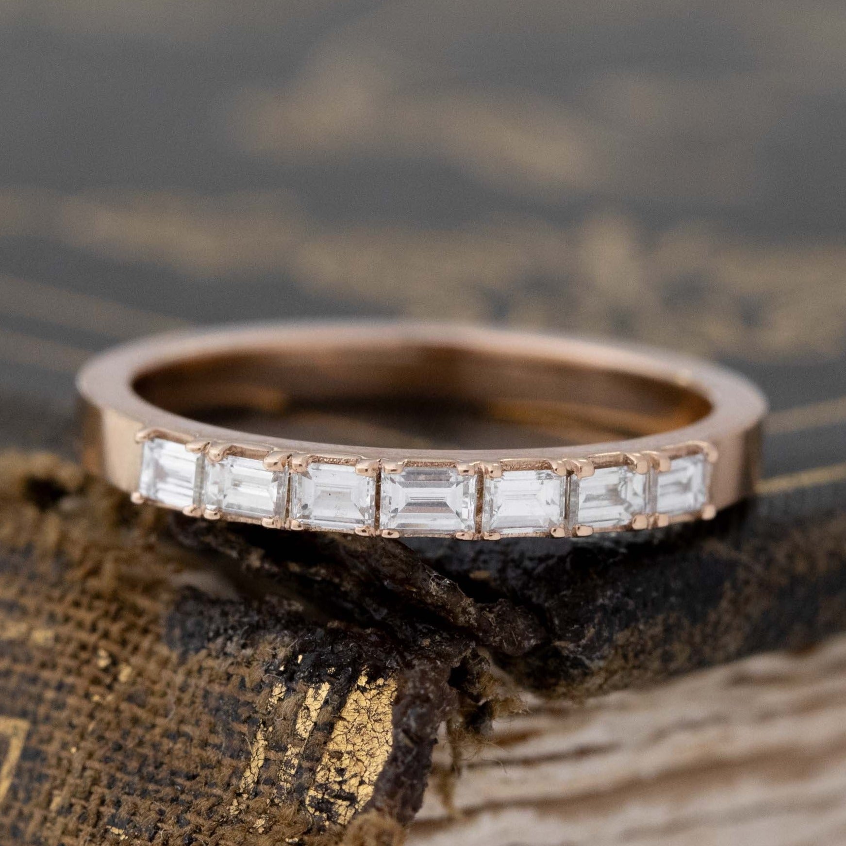 .18ctw Slim Baguette Cut Diamond 7-Stone Band with Baguette Cut Diamonds in yellow gold, antique-inspired one-of-a-kind wedding band