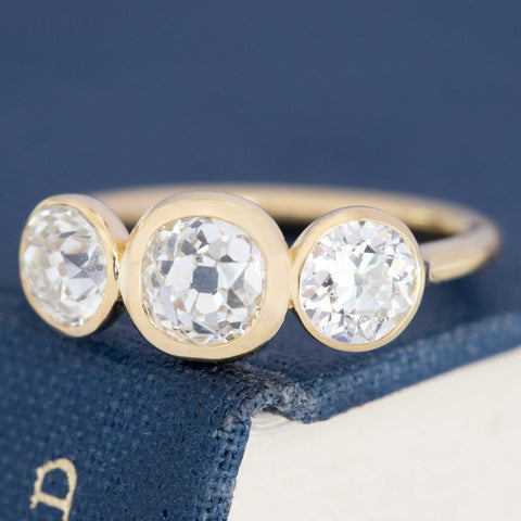 1.91ctw Old European & Old Mine Cut Diamond Bezel Trilogy Ring