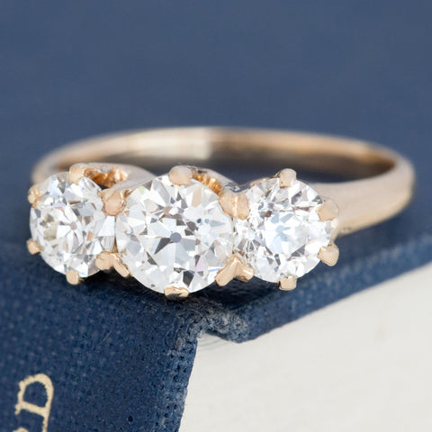 1.98ctw vintage old European cut diamond trilogy ring, .88ct GIA L VS1 center, 14K yellow gold – alternate view 5