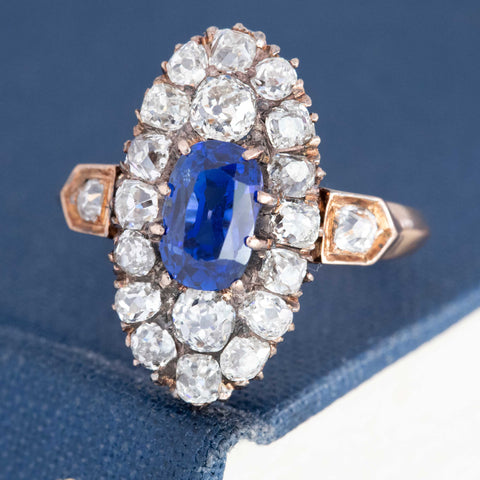 2.95ctw Antique Old Cut Diamond & Burmese No-Heat Sapphire Navette Ring
