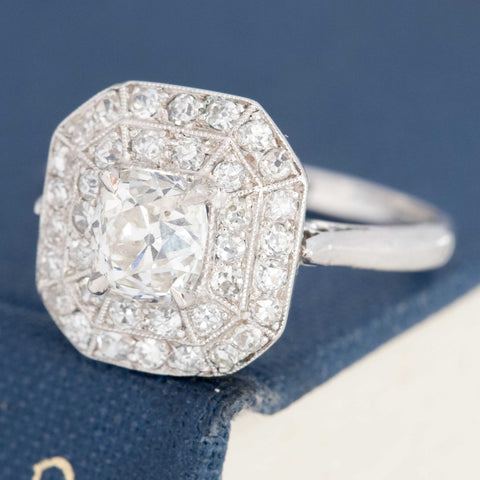 2.00ctw Art Deco Old Mine Cut Diamond Double Halo Ring, GIA