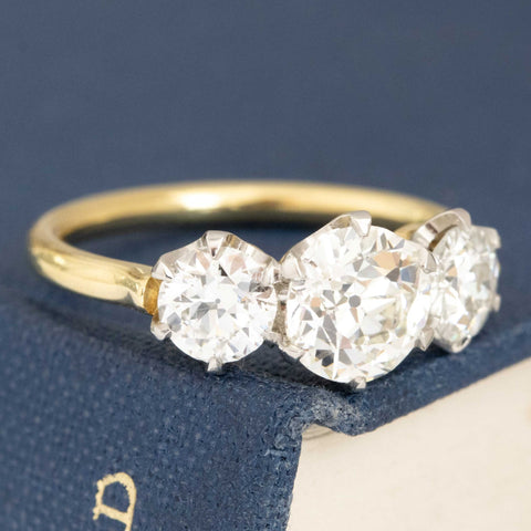 2.00ctw old European cut diamond trilogy ring, 1.16ct GIA center, platinum gallery on 18K yellow gold – alternate view 3