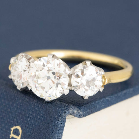 2.00ctw old European cut diamond trilogy ring, 1.16ct GIA center, platinum gallery on 18K yellow gold – alternate view 4