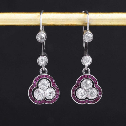 2.01ctw Old European Cut Diamond & Ruby Drop Earrings