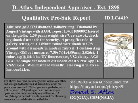 2.03ct August Vintage Cushion Cut Diamond Ring AGS
