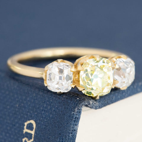 2.03ctw Old Mine Cut Diamond Trilogy Ring, GIA Fancy Color