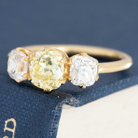 2.03ctw Old Mine Cut Diamond Trilogy Ring, GIA Fancy Color