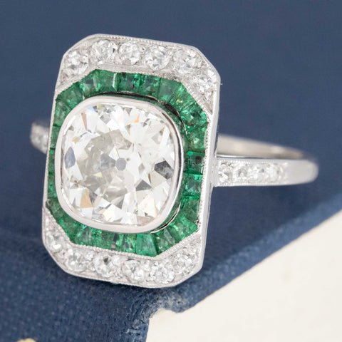 2.11ct Art Deco Old Mine Cut Diamond & Emerald Dinner Ring