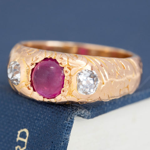 2.13ctw Victorian Old Mine Cut Diamond & Ruby Trilogy Ring
