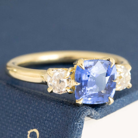 2.21ctw Sapphire & Old Mine Cut Diamond Trilogy Ring