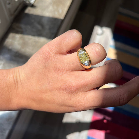 2.19ctw Vintage Fancy Yellow Radiant Cut Diamond Trilogy Ring, by Bvlgari c. 1970s