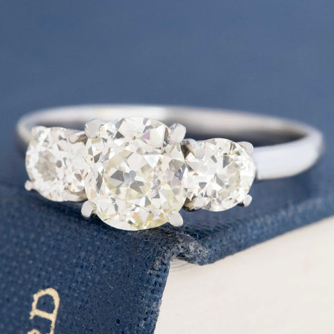 2.39ctw Vintage Old Mine Cut Diamond Trilogy Ring