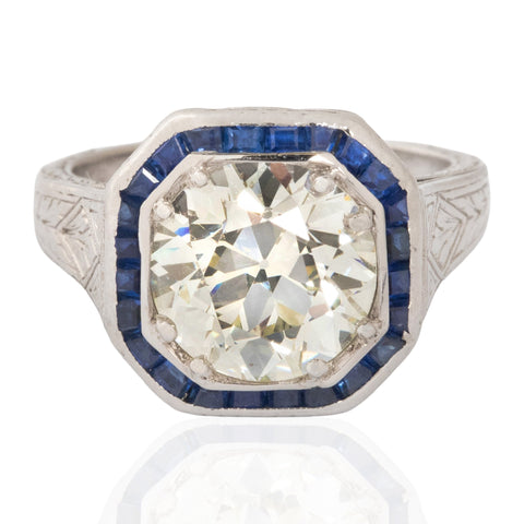 2.51ct Old European Cut Diamond Sapphire Target Ring, GIA