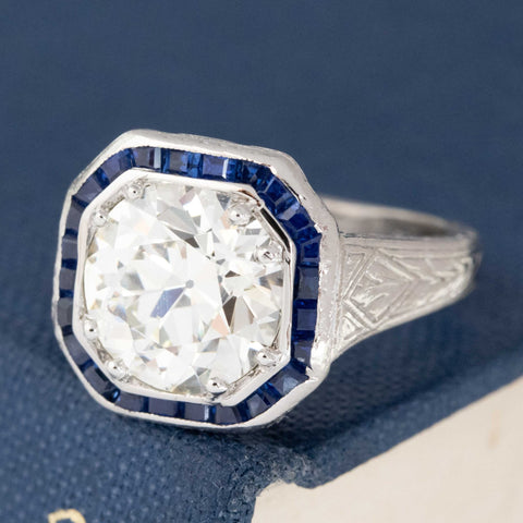 2.51ct Old European Cut Diamond Sapphire Target Ring, GIA M VS2
