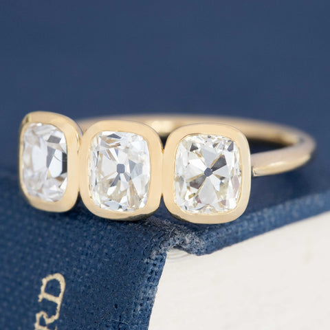 2.54ctw Old Mine Cut Diamond Bezel Trilogy Ring