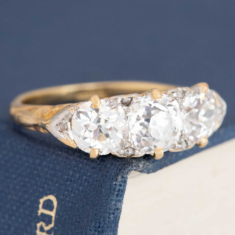 2.56ctw antique old mine cut diamond 3-stone ring with single cut shoulders, 18K yellow gold and platinum – alternate view 3