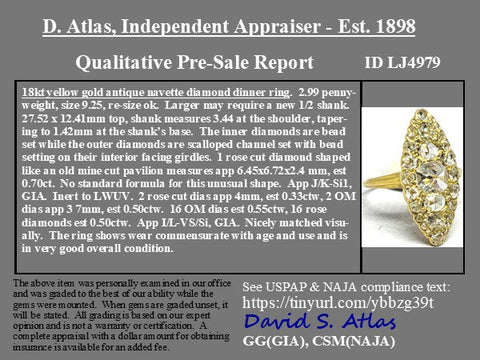 Qualitative pre-sale report for a gold and diamond ring with appraiser details.