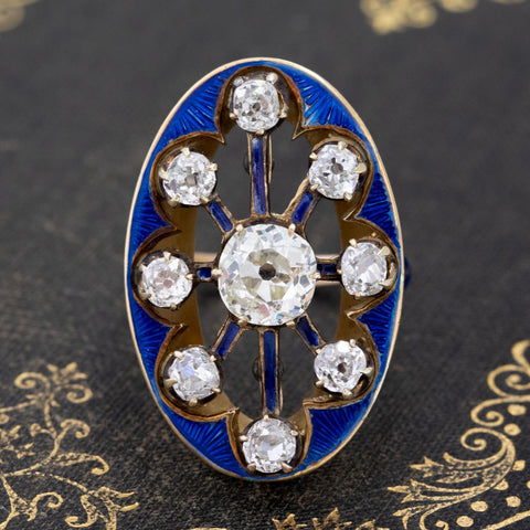 2.58ctw Victorian Old Mine Cut Diamond & Enamel Cluster Ring