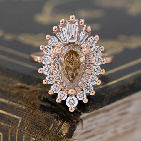 2.60ctw fancy brown pear cut diamond Rhapsody ballerina ring by Heidi Gibson in 14kt rose gold
