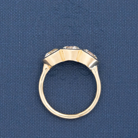 2.63ctw old European cut diamond kissing bezel trilogy ring, 18K yellow gold – alternate view 5