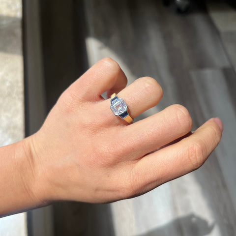 2.66ct Asscher Cut Diamond & Sapphire Trilogy Ring, GIA M SI2